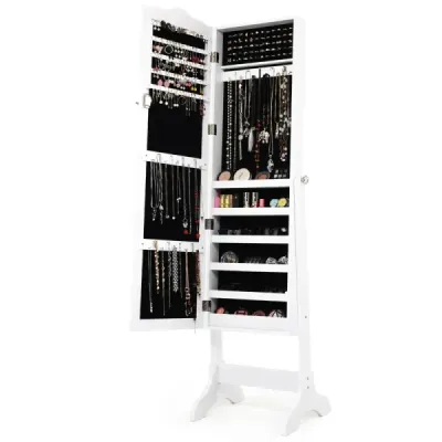 Uzamykatelná skříňka na šperky Stojanový design s nastavitelným úhlem se zrcadlem po celé délce 45 x 37 x 160 cm Bílá