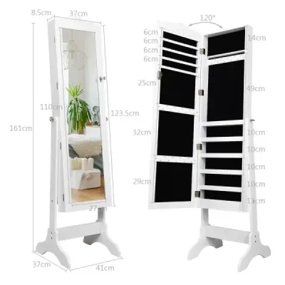 Uzamykatelná skříňka na šperky Stojanový design s nastavitelným úhlem se zrcadlem po celé délce 45 x 37 x 160 cm Bílá