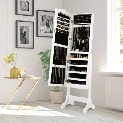 Uzamykatelná skříňka na šperky Stojanový design s nastavitelným úhlem se zrcadlem po celé délce 45 x 37 x 160 cm Bílá