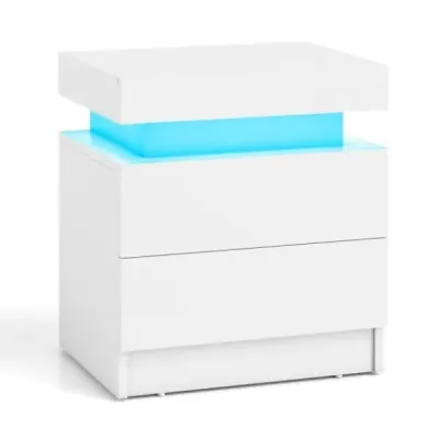 Noční stolek s LED světly Noční komoda se 2 zásuvkami Moderní noční stolek bílý