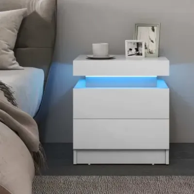 Noční stolek s LED světly Noční komoda se 2 zásuvkami Moderní noční stolek bílý