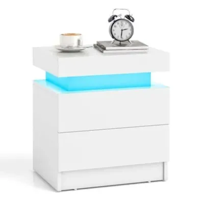 Noční stolek s LED světly Noční komoda se 2 zásuvkami Moderní noční stolek bílý