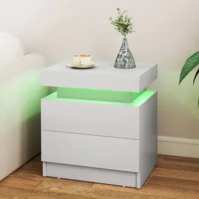 Noční stolek s LED světly Noční komoda se 2 zásuvkami Moderní noční stolek bílý