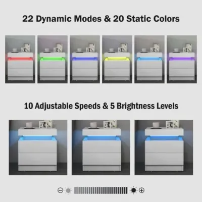 Noční stolek s LED světly Noční komoda se 2 zásuvkami Moderní noční stolek bílý