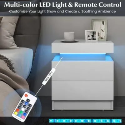 Noční stolek s LED světly Noční komoda se 2 zásuvkami Moderní noční stolek bílý