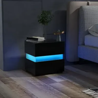 Noční stolek sada 2 LED nočních stolků Noční stolek ve vysokém lesku Noční komoda se 2 zásuvkami Černá barva