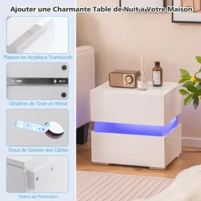 Noční stolek sada 2 LED nočních stolků Noční stolek ve vysokém lesku Noční stolek se 2 zásuvkami Bílý