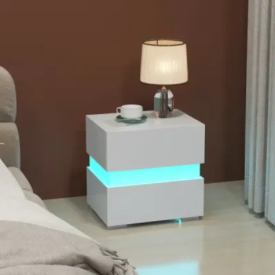 Noční stolek sada 2 LED nočních stolků Noční stolek ve vysokém lesku Noční stolek se 2 zásuvkami Bílý