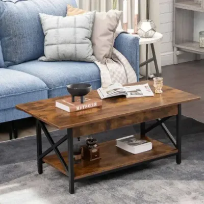 2-patrový průmyslový konferenční stolek s policí a kovovým rámem ve tvaru X hnědý