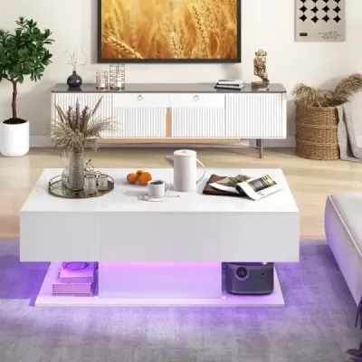 Konferenční stolek s LED osvětlením vysoký lesk 20 barev nastavitelný jas 110 x 60 x 40 cm bílý