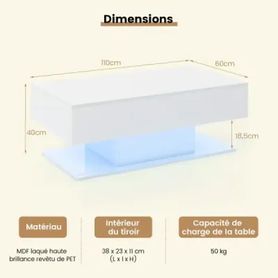Konferenční stolek s LED osvětlením vysoký lesk 20 barev nastavitelný jas 110 x 60 x 40 cm bílý