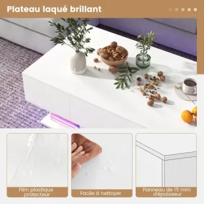 Konferenční stolek s LED osvětlením vysoký lesk 20 barev nastavitelný jas 110 x 60 x 40 cm bílý