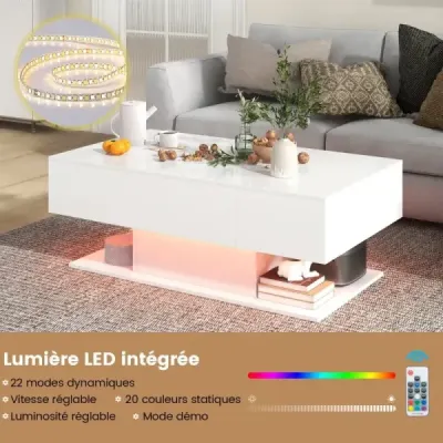 Konferenční stolek s LED osvětlením vysoký lesk 20 barev nastavitelný jas 110 x 60 x 40 cm bílý
