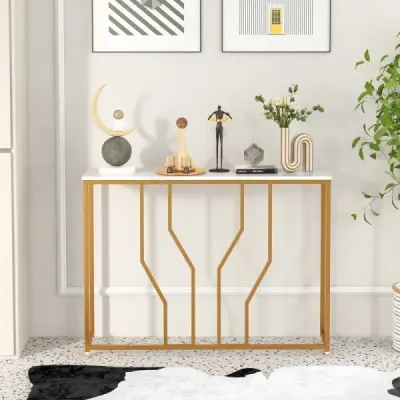 Konzolový stolek s geometrickým kovovým rámem vstupní stolek 110 x 30 x 80 cm zlatá + bílá