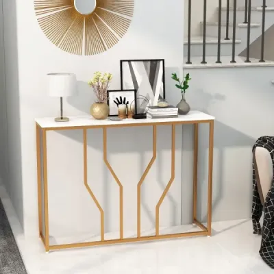 Konzolový stolek s geometrickým kovovým rámem vstupní stolek 110 x 30 x 80 cm zlatá + bílá