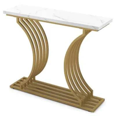 Moderní konzolový stolek s bílou deskou z umělého mramoru a geometrickými kovovými nohami