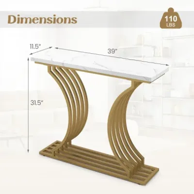 Moderní konzolový stolek s bílou deskou z umělého mramoru a geometrickými kovovými nohami