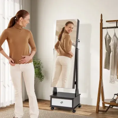 Skříňka na šperky se 3 zrcadly a šuplíkem a kolečky a osvětlením Zrcadlo na šperky hnědé