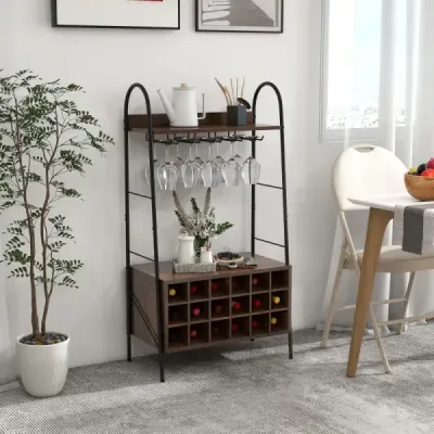 Stojan na víno Stojan na láhve na 18 lahví Stojan na víno s 5 držáky na sklenice na víno 63 x 32 x 114,5 cm Rustikální hnědá