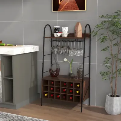 Stojan na víno Stojan na láhve na 18 lahví Stojan na víno s 5 držáky na sklenice na víno 63 x 32 x 114,5 cm Rustikální hnědá