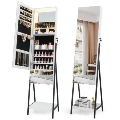 Skříňka na šperky se zrcadlem Uzamykatelná zrcadlová skříňka se 3 barevnými LED světly 41 x 35 x 166 cm bílá