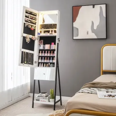 Skříňka na šperky se zrcadlem Uzamykatelná zrcadlová skříňka se 3 barevnými LED světly 41 x 35 x 166 cm bílá