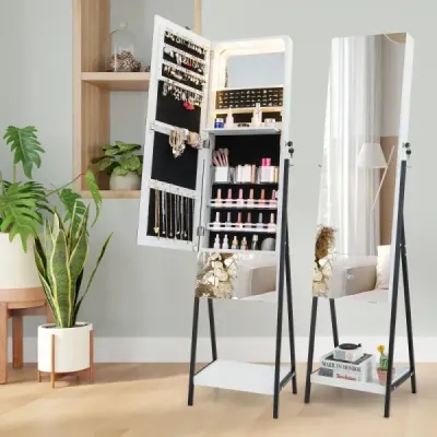 Skříňka na šperky se zrcadlem Uzamykatelná zrcadlová skříňka se 3 barevnými LED světly 41 x 35 x 166 cm bílá