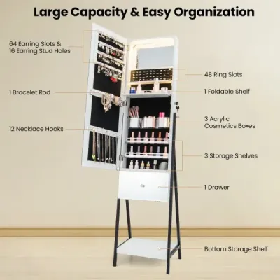 Skříňka na šperky se zrcadlem Uzamykatelná zrcadlová skříňka se 3 barevnými LED světly 41 x 35 x 166 cm bílá