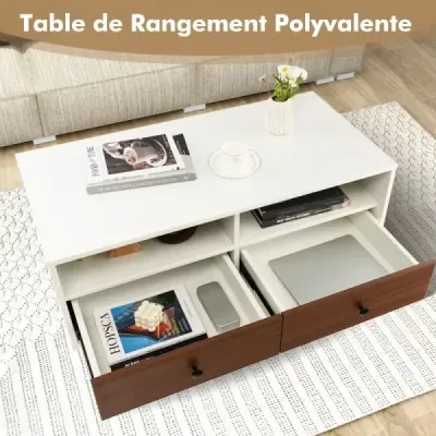 Konferenční stolek se 2 zásuvkami a 2 policemi Obdélníkový stolek do obývacího pokoje s úložným prostorem 95 x 48 x 45 cm