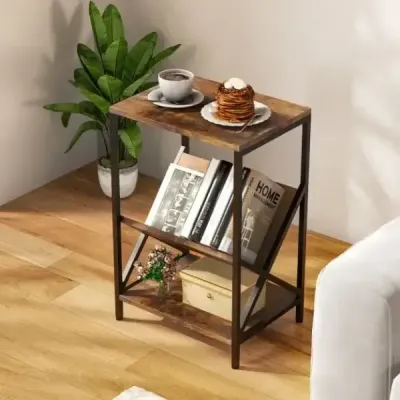 3-patrový příruční stolek s držákem na časopisy ve tvaru V 40 x 30 x 61 cm Rustikální hnědá