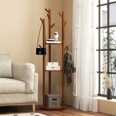 Otočný věšák na kabáty Dřevěný věšák se 3 policemi a 9 háčky na kabáty 42 x 167 cm ořech