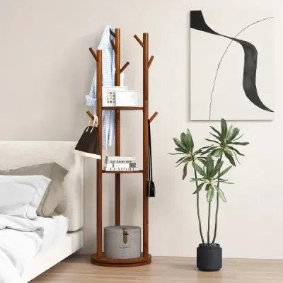 Otočný věšák na kabáty Dřevěný věšák se 3 policemi a 9 háčky na kabáty 42 x 167 cm ořech