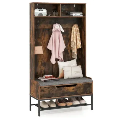Šatní skříň 4v1 s lavicí Skříňka na boty 3 háčky Věšák na kabáty hnědý