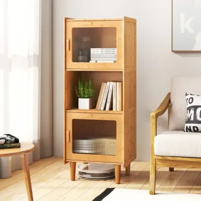 Bambusová kuchyňská skříňka 3-patrová bufetová skříňka se 2 akrylovými dvířky přírodní 49,5 x 40 x 130 cm