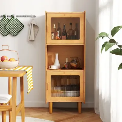 Bambusová kuchyňská skříňka 3-patrová bufetová skříňka se 2 akrylovými dvířky přírodní 49,5 x 40 x 130 cm