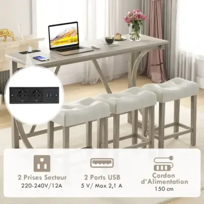 Barový stůl se sadou barových židlí Barový stůl se 2 zásuvkami a 2 porty USB pro 2-3 osoby