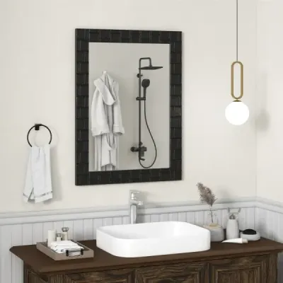Nástěnné zrcadlo 80 x 60 cm z kaučukovníku s masivním dřevěným rámem, koupelnové zrcadlo, kosmetické zrcadlo, černá