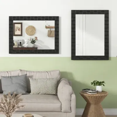 Nástěnné zrcadlo 80 x 60 cm z kaučukovníku s masivním dřevěným rámem, koupelnové zrcadlo, kosmetické zrcadlo, černá