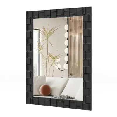 Nástěnné zrcadlo 80 x 60 cm z kaučukovníku s masivním dřevěným rámem, koupelnové zrcadlo, kosmetické zrcadlo, černá