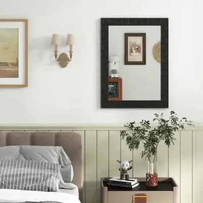 Nástěnné zrcadlo 80 x 60 cm z kaučukovníku s masivním dřevěným rámem, koupelnové zrcadlo, kosmetické zrcadlo, černá