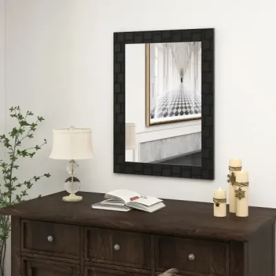 Nástěnné zrcadlo 80 x 60 cm z kaučukovníku s masivním dřevěným rámem, koupelnové zrcadlo, kosmetické zrcadlo, černá