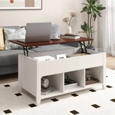 Rozkládací stolek s úložným prostorem na zvedací desku a 3 otevřenými policemi, výškově nastavitelný 104,5 x 49 x 48-62,5 cm bílý