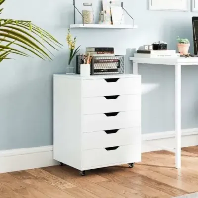 Pojízdný podstavec s 5 zásuvkami Pojízdná kartotéka na kolečkách 48 x 39,5 x 65,5 cm Bílá