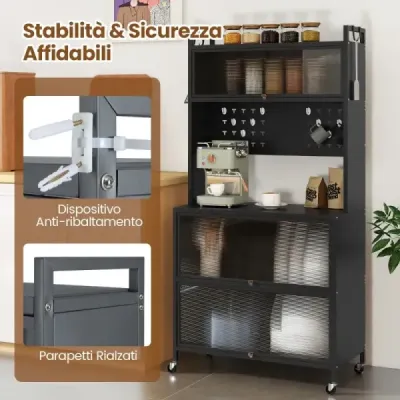 Vysoká kuchyňská skříňka s kolečky a výklopnými dvířky a věšákovou deskou a háčky Bufetová skříňka šedá