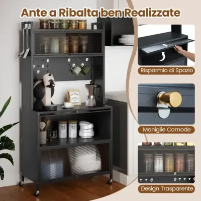Vysoká kuchyňská skříňka s kolečky a výklopnými dvířky a věšákovou deskou a háčky Bufetová skříňka šedá