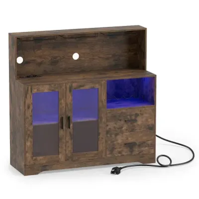 Kuchyňská skříňka/bufet s otevřenými přihrádkami, zásuvkou a LED osvětlením, 120 x 40 x 115,5 cm, hnědá