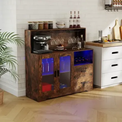 Kuchyňská skříňka/bufet s otevřenými přihrádkami, zásuvkou a LED osvětlením, 120 x 40 x 115,5 cm, hnědá
