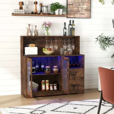 Kuchyňská skříňka/bufet s otevřenými přihrádkami, zásuvkou a LED osvětlením, 120 x 40 x 115,5 cm, hnědá