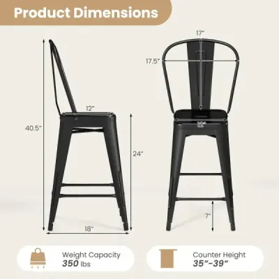 Sada 4 kusů kovových barových židlí – ergonomické barové židle s odnímatelným opěradlem, černé
