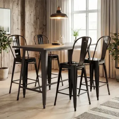 Sada 4 kusů kovových barových židlí – ergonomické barové židle s odnímatelným opěradlem, černé